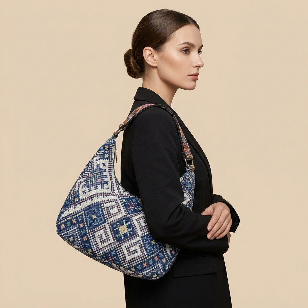 Boho woven shoulder bag with colorful geometric strap