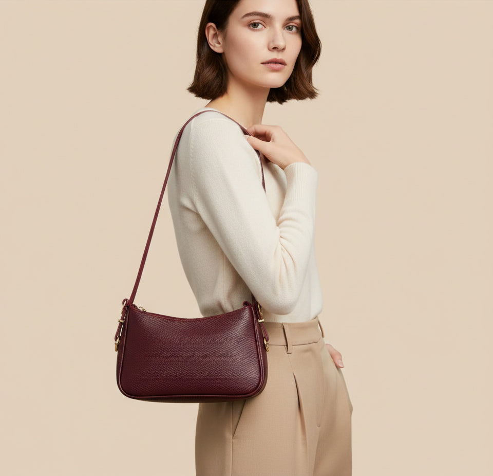 Wine textured shoulder bag with gold hardware and slim strap – Eliana Bag by Pinkish