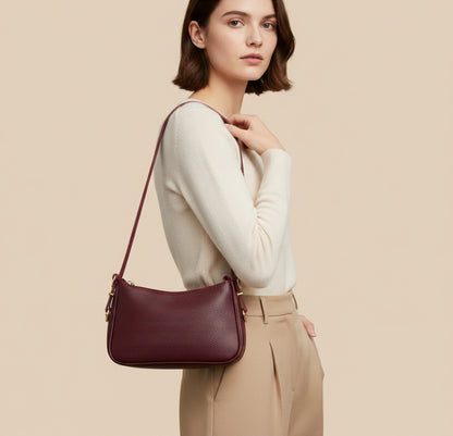 Wine textured shoulder bag with gold hardware and slim strap – Eliana Bag by Pinkish