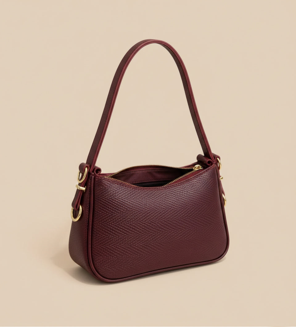 Wine textured shoulder bag with gold hardware and slim strap – Eliana Bag by Pinkish