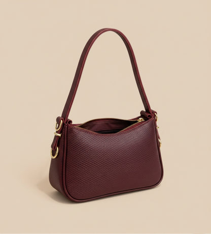 Wine textured shoulder bag with gold hardware and slim strap – Eliana Bag by Pinkish