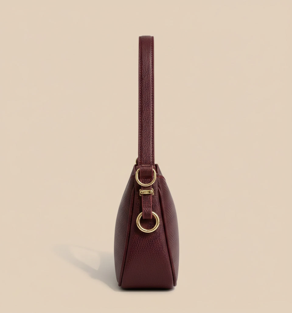 Wine textured shoulder bag with gold hardware and slim strap – Eliana Bag by Pinkish