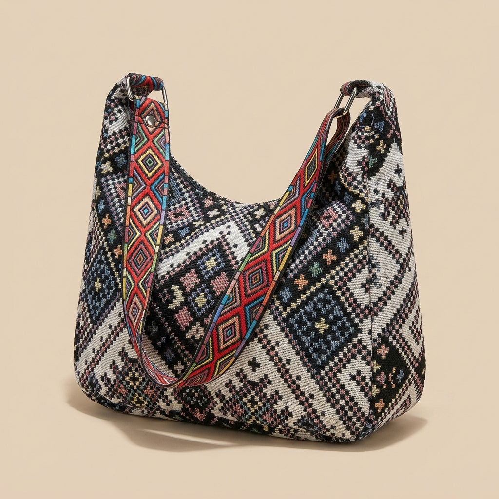 Boho woven shoulder bag with colorful geometric strap