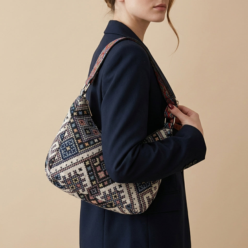 Boho woven shoulder bag with colorful geometric strap