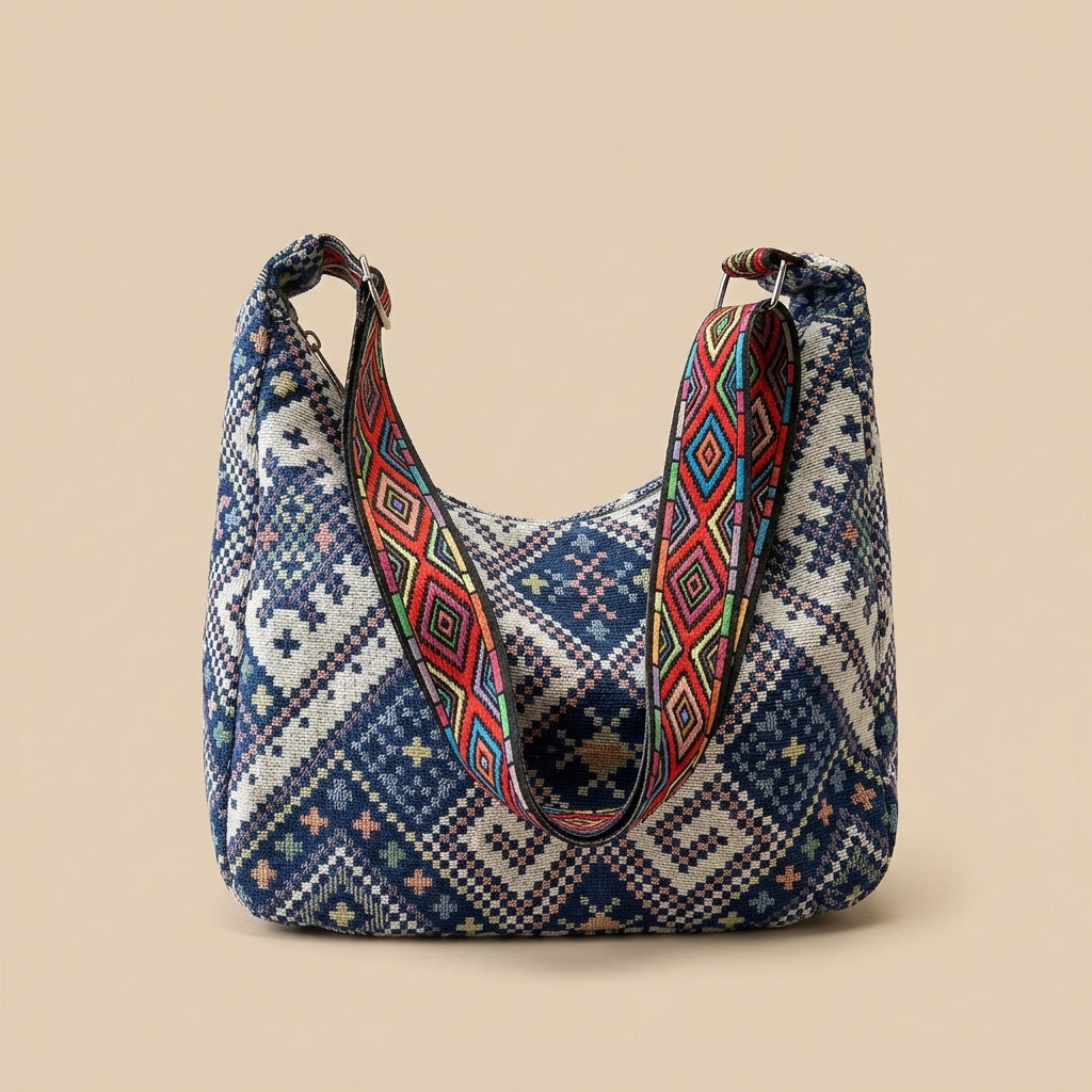 Boho woven shoulder bag with colorful geometric strap