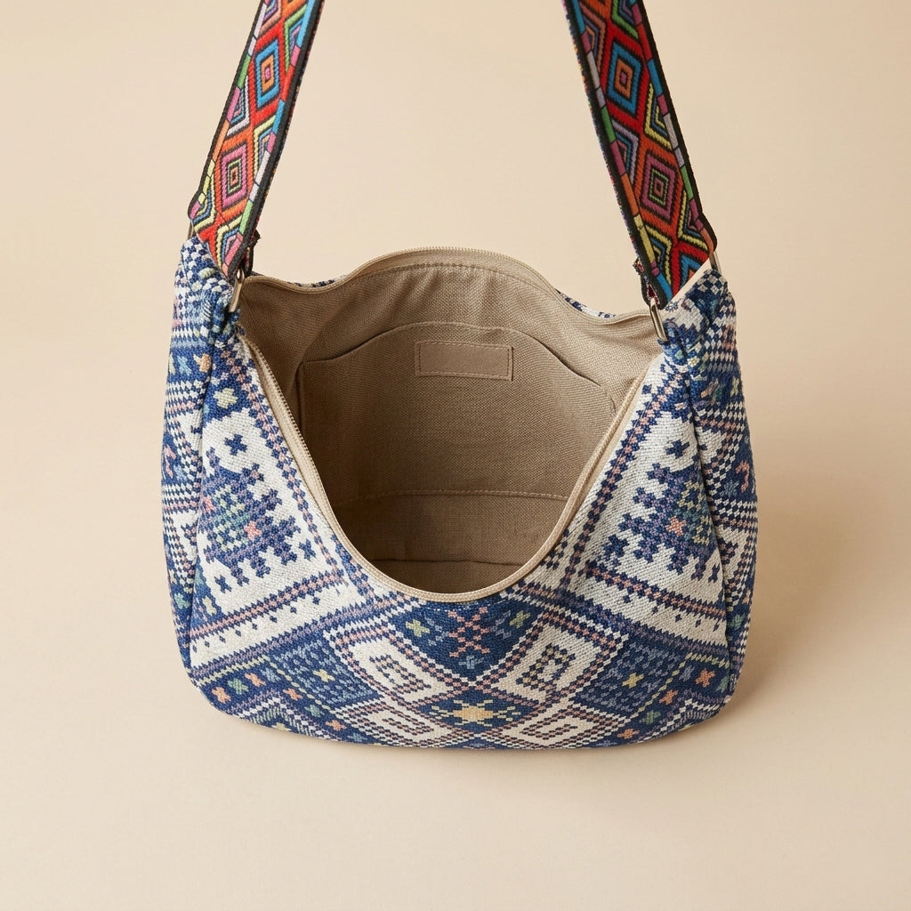 Boho woven shoulder bag with colorful geometric strap