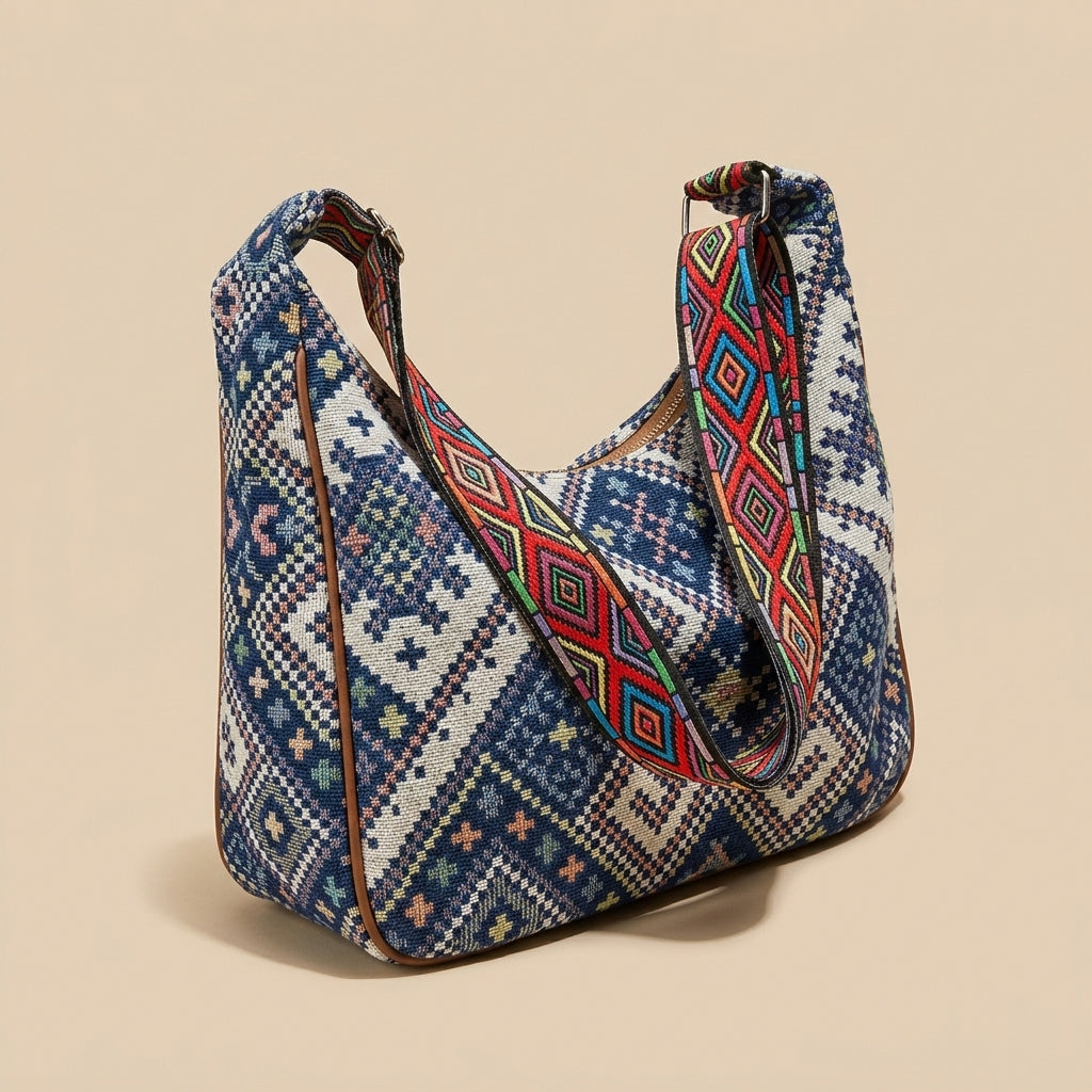 Boho woven shoulder bag with colorful geometric strap
